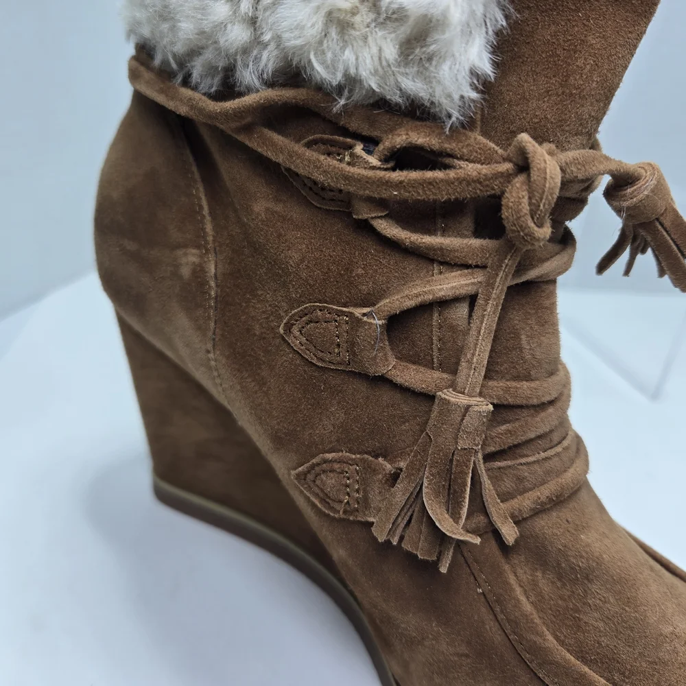 CECELIA NEW YORK North Star Chestnut Suede Leather Faux Fur Wedge Boots Size 8.5